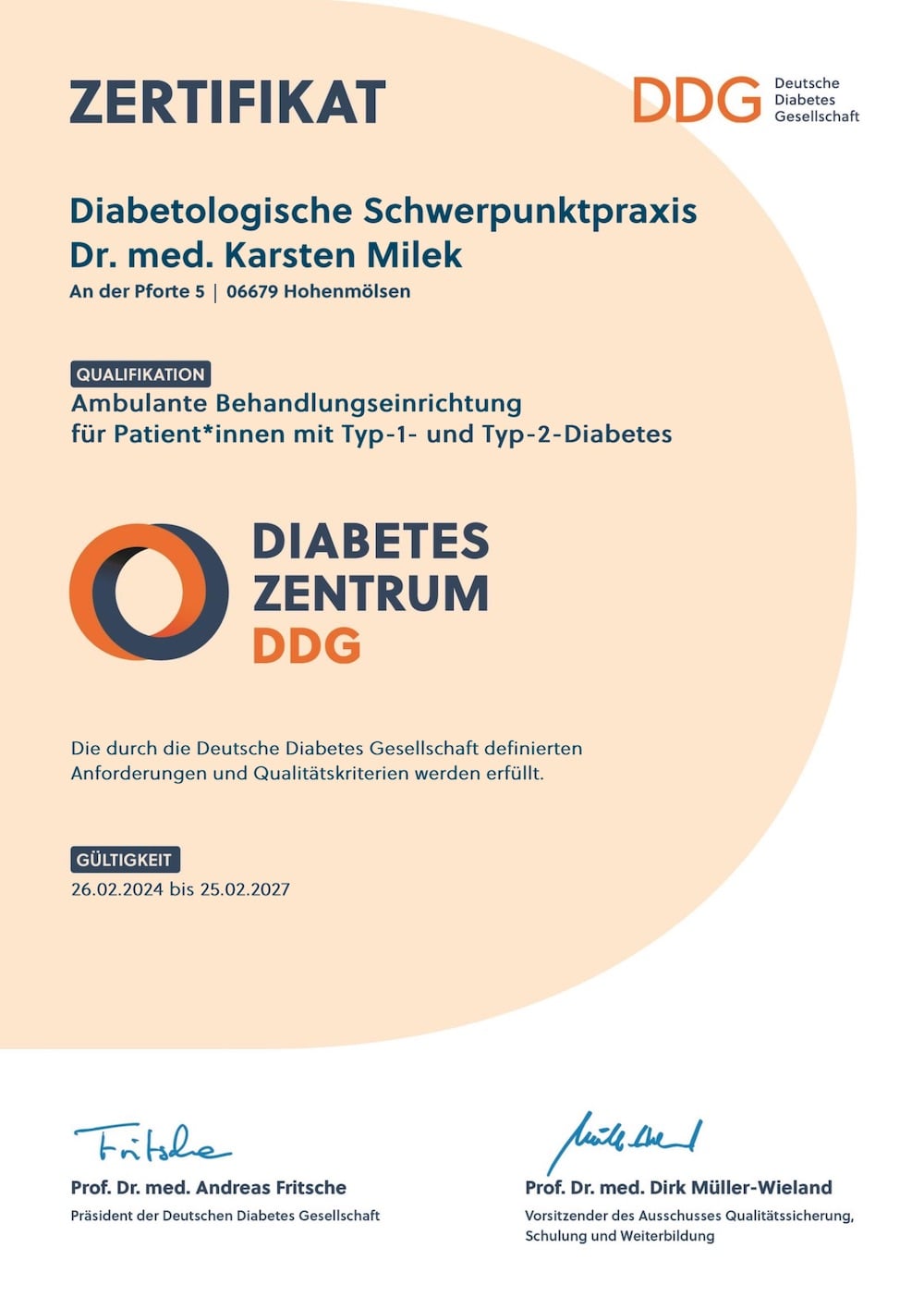 Zertifikat Diabetologische Schwerpunktpraxis vom Diabetes Zentrum der Deutschen Diabetes Gesellschaft